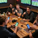 Participants engaging in sports betting at O8, capturing the excitement and strategy of live betting in a lively bar setting
