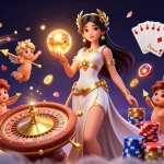 Experience the thrill of royal casino gaming with vibrant visuals featuring a goddess and cherubs.