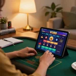Engaging with the VU88 online casino on a tablet, capturing the thrill of digital betting.
