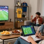 Engaging sports betting scene at home with tablet showing live odds from https://soikeonhacai.com.co/ amidst snacks and family excitement.