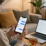 Engaging in ai sex chat on a digital device in a cozy home setting with warm lighting and personal touches.
