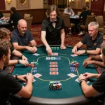Players engage in a Texas Hold'em game at F168 poker table, showcasing chips and community cards
