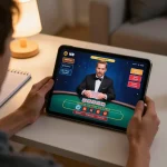 Engaged user on tablet playing kdslots live dealer baccarat with strategic notes nearby