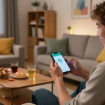Engaged player using done55 app on smartphone in cozy living room, showcasing mobile gaming excitement and strategy.