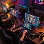 KADAL778 online gaming setup showcases diverse casino games and a player engaged in strategic gameplay.