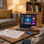 Lô đề online gaming session in a cozy home setting, featuring strategic notes and gambling visuals.