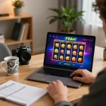 Player strategizing and winning at F8bet online slots in a stylish home office environment