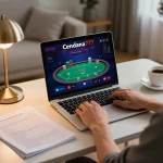 Cendana777 online gaming session showcasing a player engaged with a laptop and strategy notes in a cozy workspace.