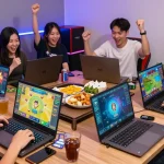 Engaging group playing gamebaidoithuong online with colorful game displays and celebratory atmosphere