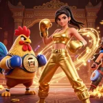 Experience thrilling action at XX88 with a powerful woman and championship rooster amidst vibrant casino elements.