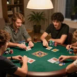 Players enjoying poker night at home with ALO8-themed game strategy, showcasing excitement in a cozy setting.