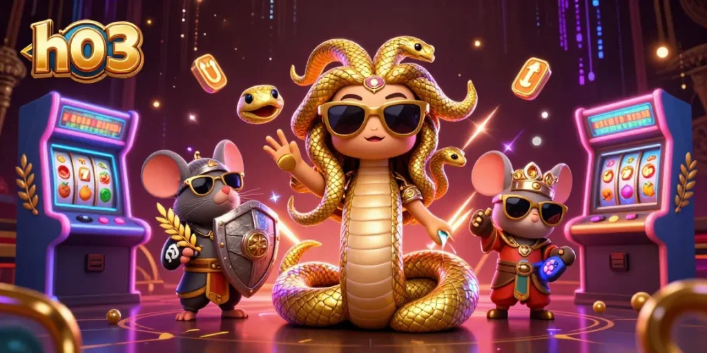 Rasakan keseruan permainan slot dan gaming dengan ilustrasi kasino h03 yang penuh warna dan karakter yang menawan.