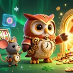 Experience the thrill of slot machines with a steampunk owl and vibrant casino elements.