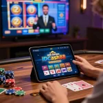 IDCASH88 gaming scene showing a player engaging with the casino app on a tablet at a stylish setup.