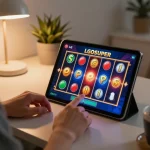 Player enjoying LGOSUPER slot experience on a tablet in a cozy home setting.