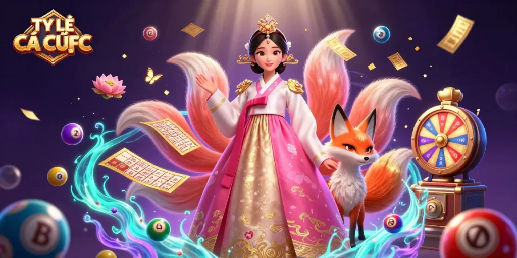 Engage with TỶ LỆ CÁ CƯỢC in a vibrant lottery scene featuring an elegant Asian woman and a lucky fox.