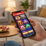 KDTOTO user enjoying mobile gaming with exciting betting interface and cozy home setup.