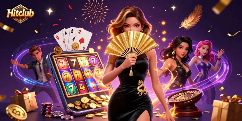 Hitclub showcases a mesmerizing Asian woman amidst vibrant slot games, golden coins, and festive backgrounds.