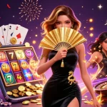 Hitclub showcases a mesmerizing Asian woman amidst vibrant slot games, golden coins, and festive backgrounds.