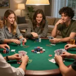 Friends enjoying a competitive poker night, with HIT CLUB cards and chips displayed, bringing excitement to the game.
