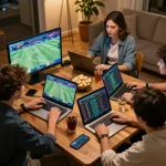 Friends engaging in sports betting strategy session using apps with cm88seo on screens, competitive atmosphere.