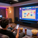 Engaged user following togel hongkong live draw on smartphone during a vibrant gaming night