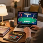 Player enjoying online casino gaming on 7-hd with engaging poker game interface displayed on laptop.