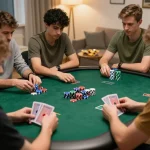 Players strategizing during an online poker game on Pokerseri with colorful chips and warm home ambiance.