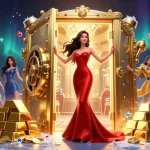 Experience excitement at the online casino as a beautiful woman welcomes players with treasures.