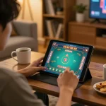 Engaging in tai xiu online gaming on a tablet in a cozy living room.