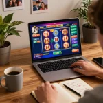 Player engaged with online slots on computer, showcasing aa88 gaming strategies in a cozy setup