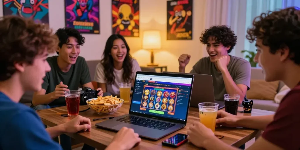 Friends enjoying online gaming at situs pajaktoto with snacks and vibrant atmosphere.