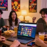 Friends enjoying online gaming at situs pajaktoto with snacks and vibrant atmosphere.
