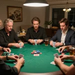 iWin gameplay at upscale home poker night with friends, elegant setup and premium cards visible.