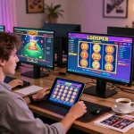 Engaging in LGOSUPER online gaming with vibrant slot reels on a tablet amidst a stylish home setup.