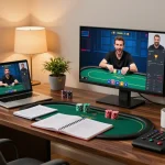 Players analyzing their strategies in an online poker game on F168 platform, showcasing excitement and focus.
