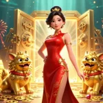 Engage in thrilling casino action with 99win's extravagant 3D illustration showcasing an Asian woman amidst gold treasure and fireworks.