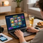 Engaging in FAFA828 online slot gameplay with strategic notes and relaxing drinks.