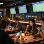 Excited patrons engaging in sports betting at a stylish bar while enjoying the game at vua88com.
