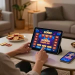 BOM88 player engaging with online casino game on a tablet in a cozy home setting, showcasing responsible gambling.