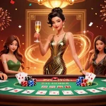 Poppers Rush captivates with vibrant casino energy, showcasing an elegant dealer and dynamic poker play.