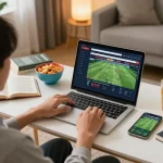 Xoilac sports betting session at home with user engaging in online gaming.