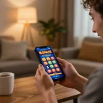Enjoying the bonus new member offer while winning on a smartphone, celebrating an online casino win in a cozy atmosphere.