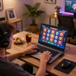 Player enjoying hu slot gaming experience on a laptop in a cozy home environment