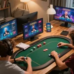 Engaging online poker session with ligalgo, showcasing players actively betting in a vibrant home gaming atmosphere.