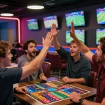 Engaging scene of LGOGOAL bettors celebrating a win in a lively sports betting lounge.