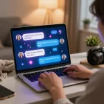 Engaging user experience with ai sex chat on a laptop, showcasing intimate conversations in a cozy home setting.