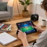 MPO08 player strategizing for online poker with tablet in a cozy living room.