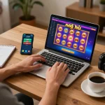 Engaging in nổ hũ slot gaming online with a lively setup, showcasing strategy notes and a laptop.