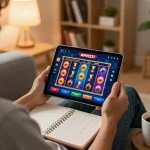 MPO1221 berinteraksi dengan antarmuka permainan slot online sambil bersantai di rumah.